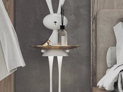 White Rabbit Shaped Side Cabinet with Gold Tray Fragrance Bottle Decorative Items and Gray Wall 3d model