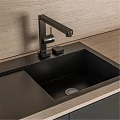 Modern Kitchen Interior With Black And Light Wood Cabinets Countertop Sink And Oven
