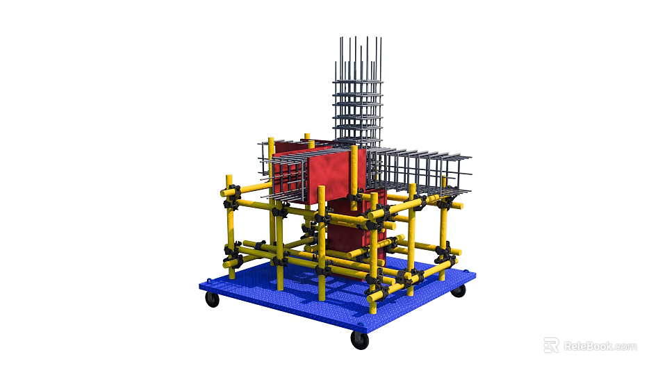Mobile Construction Support Frame With Red Structure Yellow Braces Blue Base And Movable Wheels 3d model