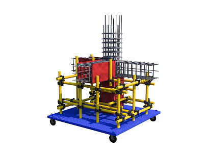 Mobile Construction Support Frame With Red Structure Yellow Braces Blue Base And Movable Wheels 3d model