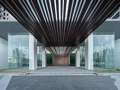 Modern Entrance Gate With Wooden Slats Canopy Glass Curtain Walls And Gray Stone Flooring 3d model