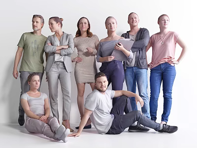 Diverse Group of People Posing Together in Studio with White Background 3d model