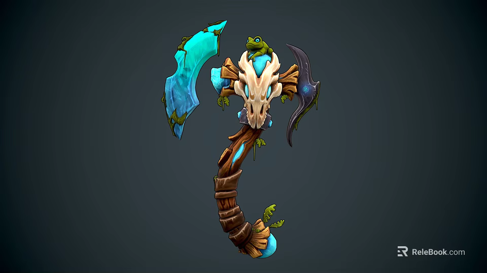 Detailed 3D Fantasy Axe Model With Frog Blue Blade And Bone Decorations 3d model 