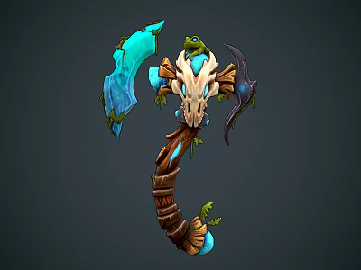 Detailed 3D Fantasy Axe Model With Frog Blue Blade And Bone Decorations 3d model