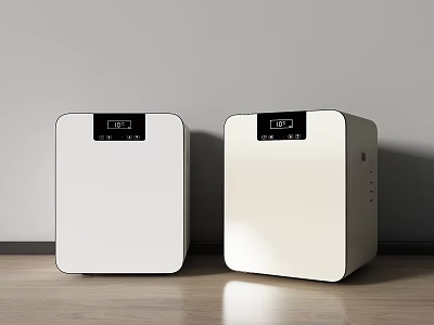 Two White Refrigerator Freezers With Digital Temperature Display On Wooden Floor Against Wall 3d model