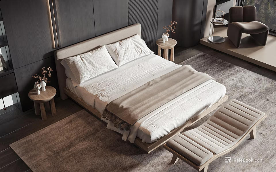 Modern Cozy Double Bed With Light Colored Sheets Wooden Headboard Nightstands And Bench 3d model 