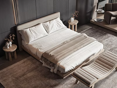 Modern Cozy Double Bed With Light Colored Sheets Wooden Headboard Nightstands And Bench 3d model