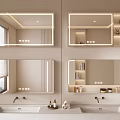 Modern Bathroom Interior With Backlit Mirrors Double Sinks Storage Shelves And Toiletries