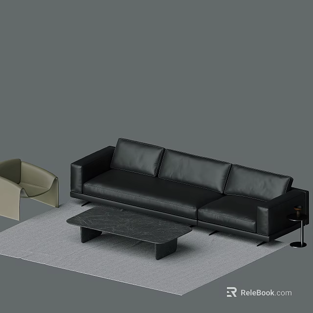Modern Living Room Interior With Black Leather Sofa And Coffee Table Set 3d model