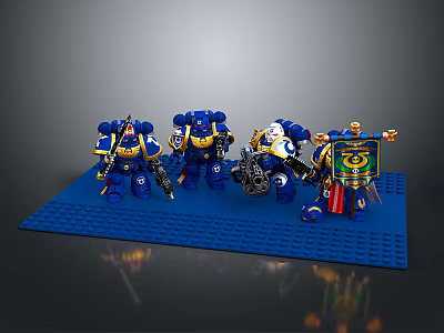 Lego Warriors In Blue Yellow White Armor With Mechanical Creature And Weapons On Blue Platform 3d model
