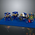 Lego Warriors In Blue Yellow White Armor With Mechanical Creature And Weapons On Blue Platform