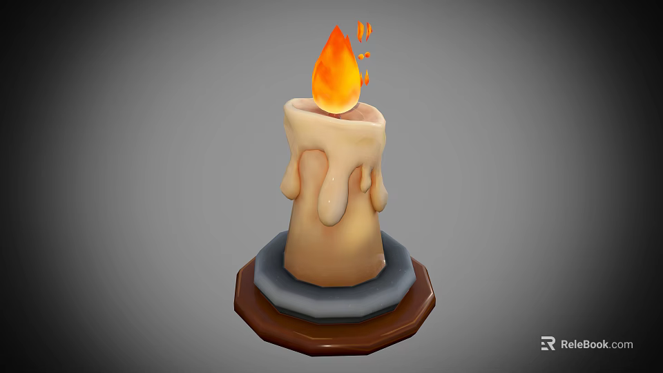 Burning Candle With Flame And Melting Wax Drips On Brown Gray Wooden Base 3d model 