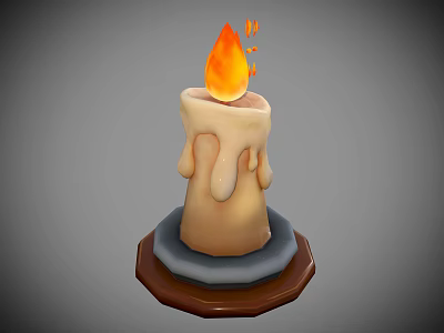Burning Candle With Flame And Melting Wax Drips On Brown Gray Wooden Base 3d model
