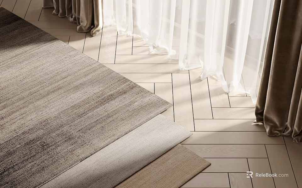 Square Rugs Stacked in Gray and Beige on Light Wood Floor with Curtains 3d model 