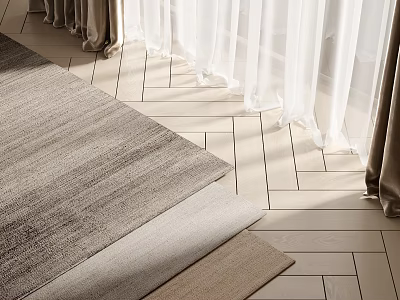Square Rugs Stacked in Gray and Beige on Light Wood Floor with Curtains 3d model
