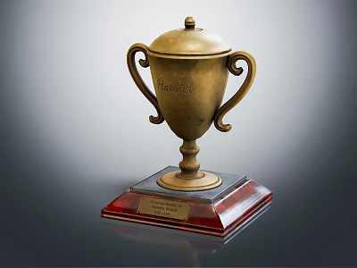Golden Trophy With Curved Handles Lid And Red Transparent Base For Champion First Place 3d model