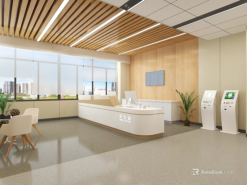 Modern Reception Area With Wooden Slat Ceiling Large Windows City View White Desk And Kiosks 3d model 