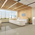 Modern Reception Area With Wooden Slat Ceiling Large Windows City View White Desk And Kiosks