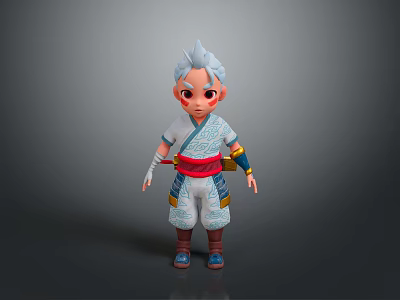 3D Man With Blue Hair Wearing Traditional White Top Red Belt Blue Pants Brown Shoes 3d model