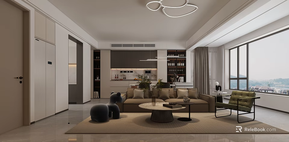Modern Living and Dining Room Interior With Sofa Coffee Table Pendant Light And Bookshelves 3d model 