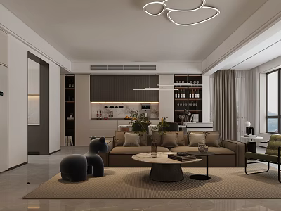 Modern Living and Dining Room Interior With Sofa Coffee Table Pendant Light And Bookshelves 3d model