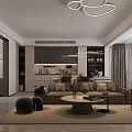 Modern Living and Dining Room Interior With Sofa Coffee Table Pendant Light And Bookshelves