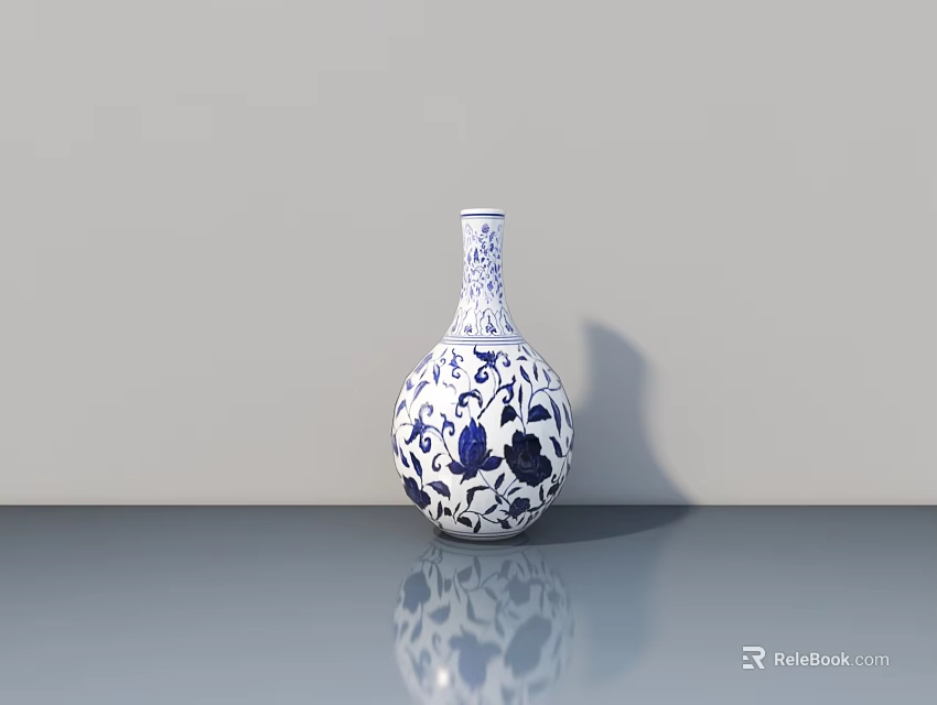 Blue And White Ceramic Vase With Intricate Floral Patterns On Gray Surface 3d model 