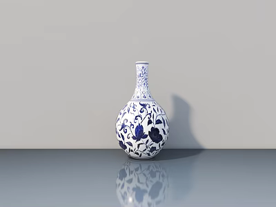 Blue And White Ceramic Vase With Intricate Floral Patterns On Gray Surface 3d model
