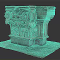 Cartoon Scene Showcasing Intricate Stone Pedestal With Scroll Leaf Carvings Red Fallen Leaves Gray Platform