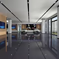Modern Exhibition Hall Interior With Large Screens Display Counters And LOGO Sign