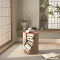 Japanese Style Room Featuring Tree Trunk Shaped Wooden Side Table With Stacked Books And Decorative Shelf