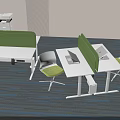 Modern Office Desk Setup With Green Divider Two White Chairs Laptop And Storage Drawer