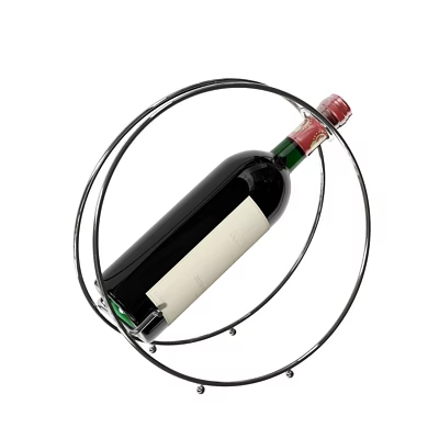Black Wine Bottle in Metal Circular Wine Rack with Red Cap and White Label 3d model