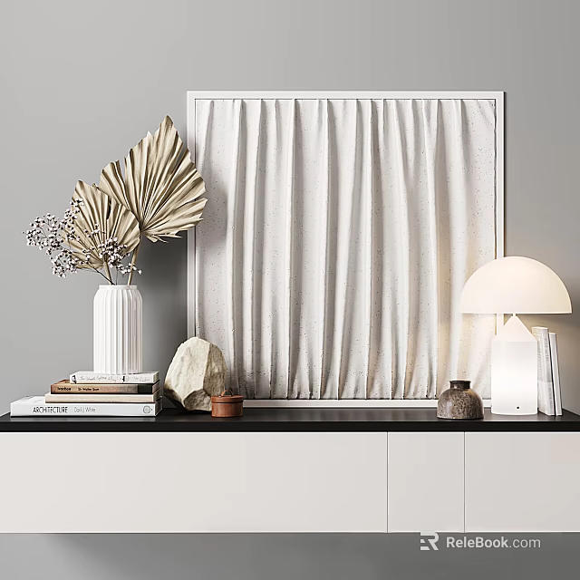 Stylish Decorative Ornament Set with Palm Leaves Vase Books Lamp and Textured Wall Art 3d model 