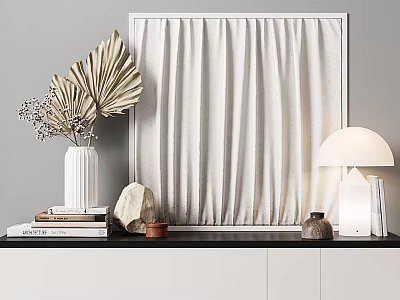 Stylish Decorative Ornament Set with Palm Leaves Vase Books Lamp and Textured Wall Art 3d model