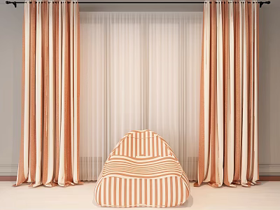 Elegant Orange And White Striped Curtains With Sheer Panels And Cozy Cushion In Living Room 3d model