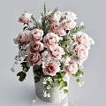 Pink Roses And White Small Flowers In White Spotted Vase With Green Leaves