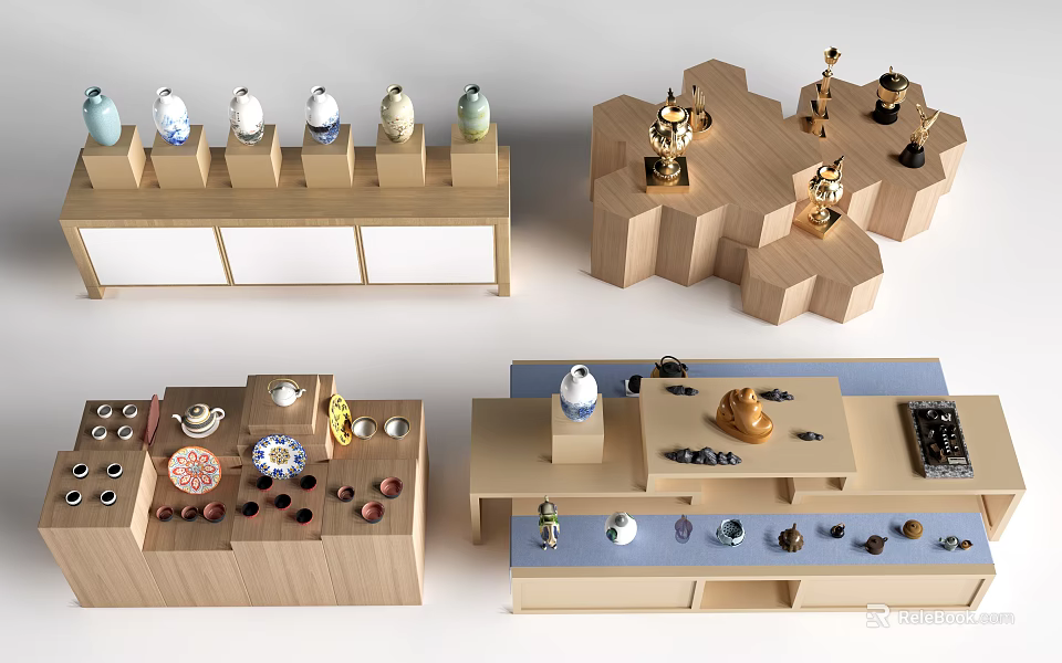 Wooden Display Shelves With Various Designs And Layered Structure For Decorative Collectibles 3d model 