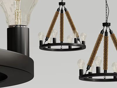 Vintage Chandeliers With Braided Rope Design And Black Metal Frame Featuring Edison Bulbs 3d model