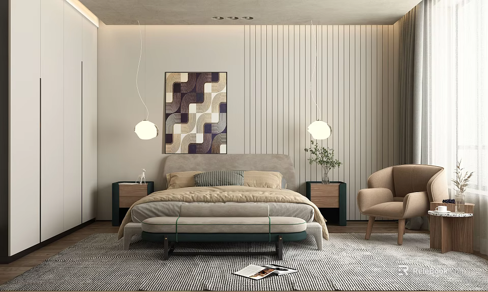 Modern Bedroom Interior Design With Bed Nightstands Pendant Lights Wall Art And Armchair Rug 3d model 