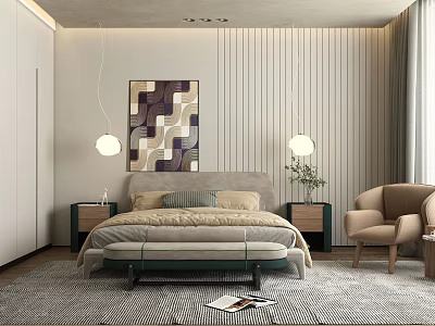 Modern Bedroom Interior Design With Bed Nightstands Pendant Lights Wall Art And Armchair Rug 3d model