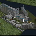 Industrial Plant With Multiple Silos Waterfront Greenery Support Buildings And Dormitories