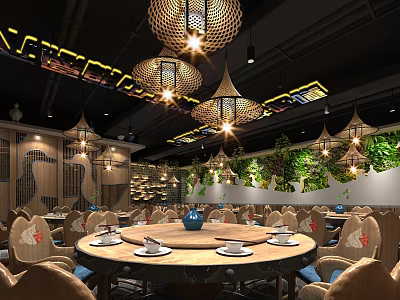 Banquet Hall Interior With Round Dining Tables Bamboo Woven Pendant Lights And Green Plant Wall 3d model