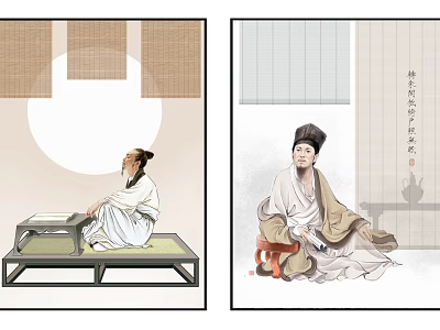 Traditional Chinese Figure Paintings Depicting Ancient Scholars In Traditional Robes With Classic Background Elements 3d model