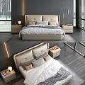Modern Double Bed With Upholstered Headboard Neutral Bedding Bedside Lamps And Dark Wall Decor