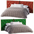 Double Bed with Red Green Hexagonal Headboards and Plaid Quilt White Pillows 3d model