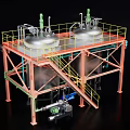Industrial Storage Tanks With Metal Framework Staircases Pipes And Top Fixtures