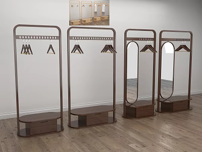 Modern Wooden Clothes Racks With Mirrors Hanging Hooks And Base Storage Shelves Interior 3d model