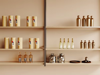 Elegant Wine Bottles And Glasses Displayed On Wooden Shelves Against Beige Wall 3d model