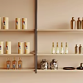 Elegant Wine Bottles And Glasses Displayed On Wooden Shelves Against Beige Wall